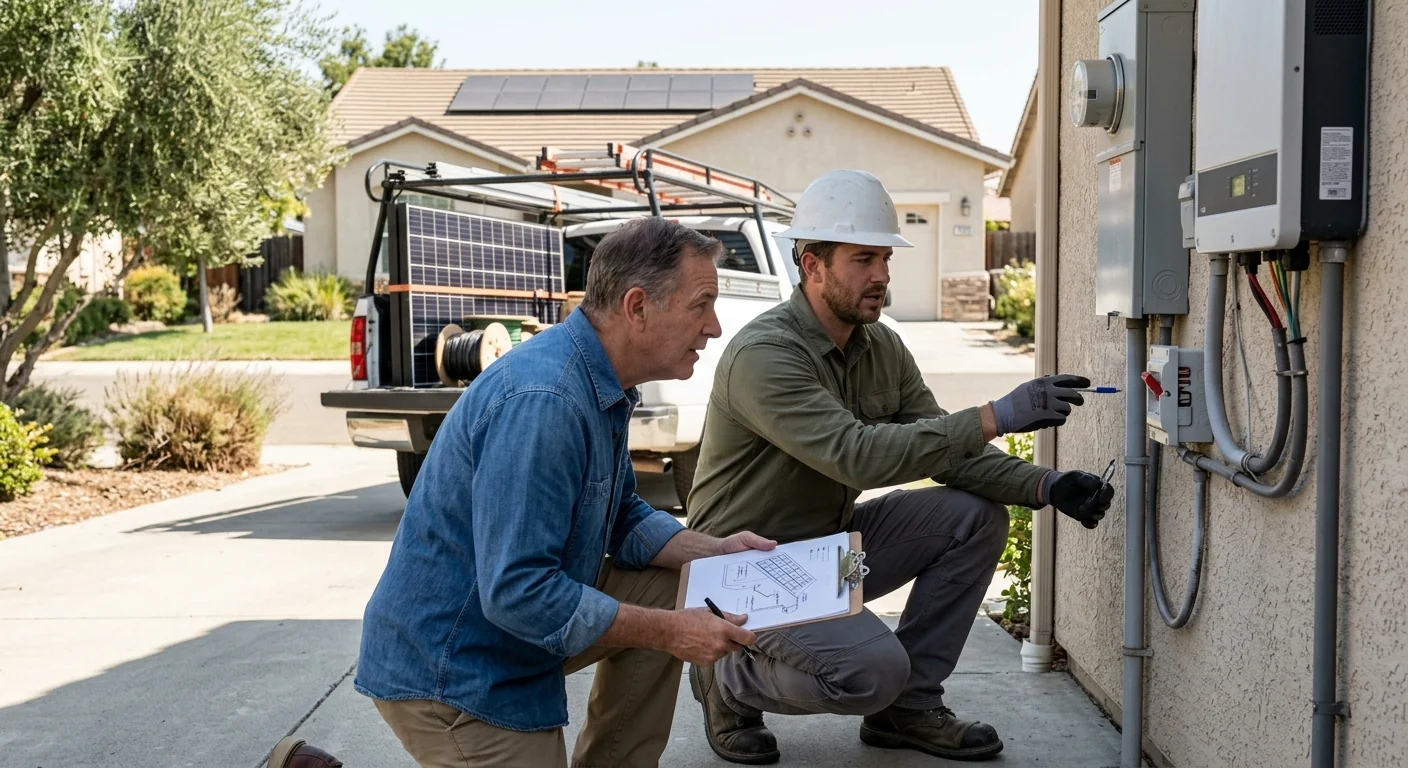 Technician reviewing commercial solar array cost breakdown on a Modesto rooftop