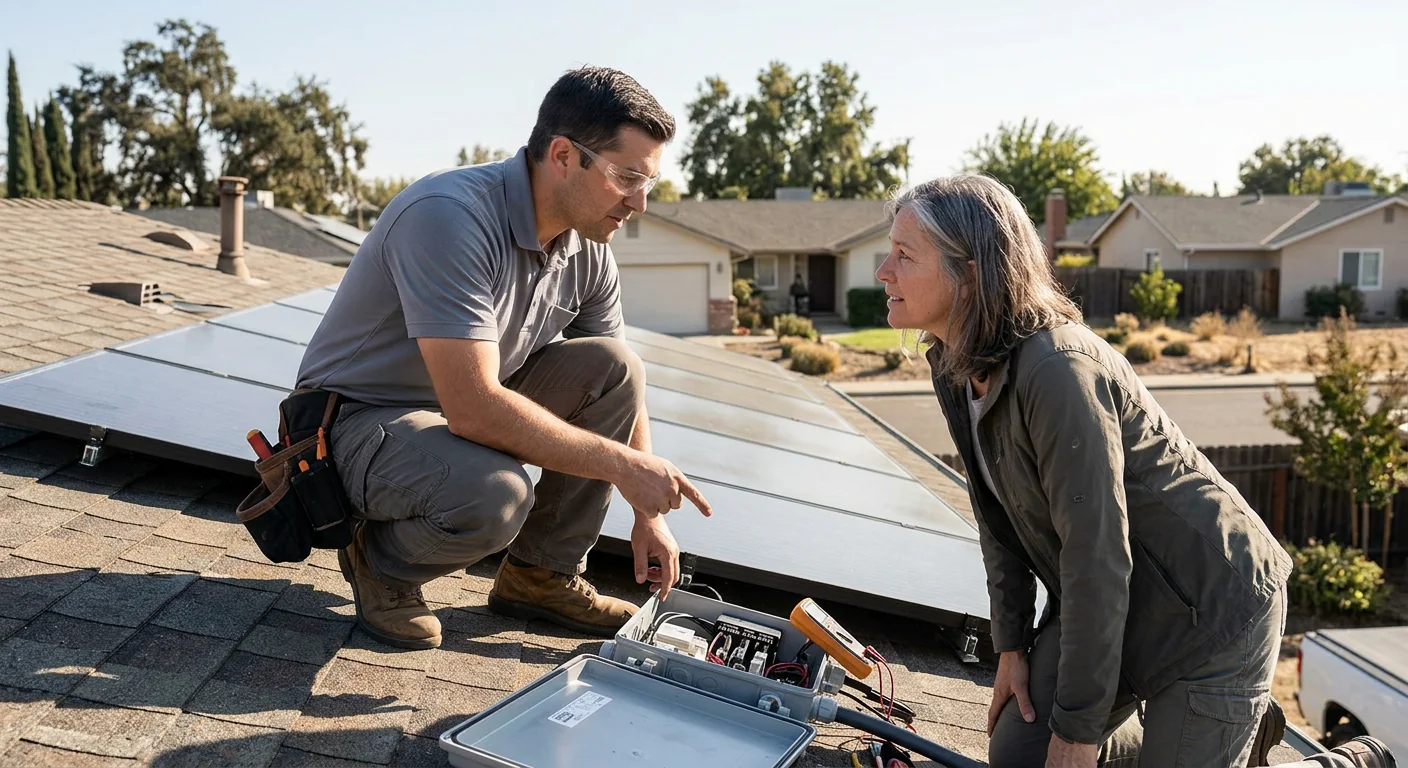 Commercial rooftop solar array under installation on a Modesto business building