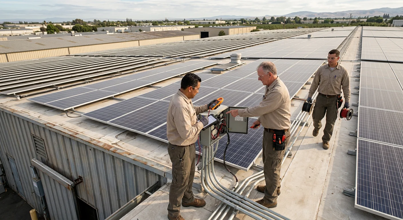 Wide shot of a Modesto warehouse rooftop covered with commercial solar panels