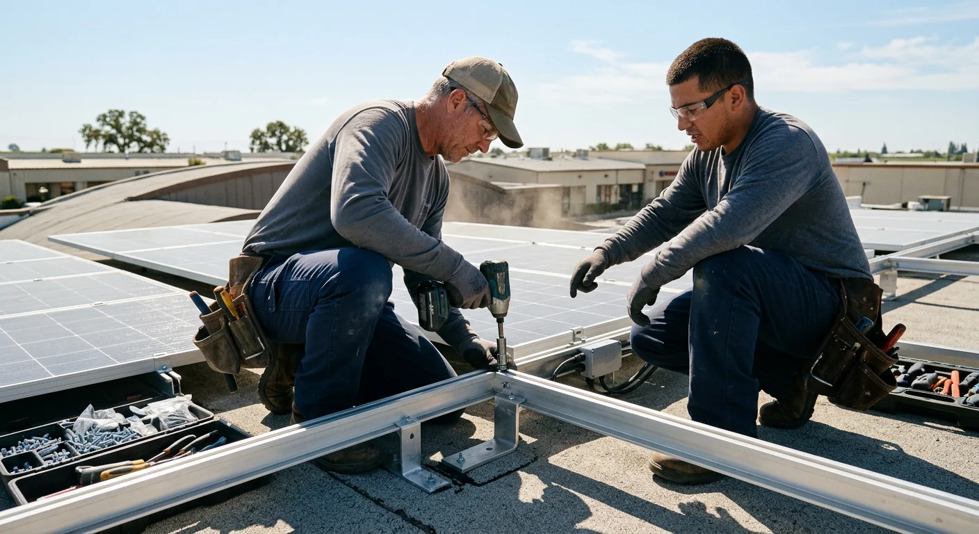 Close-up of solar racking and mounting hardware on a commercial roof