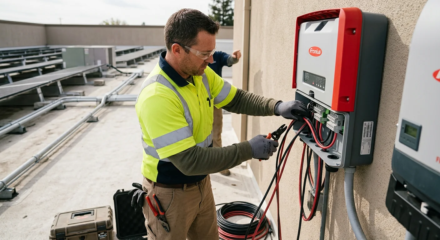 Technician wiring string inverters on a commercial solar installation