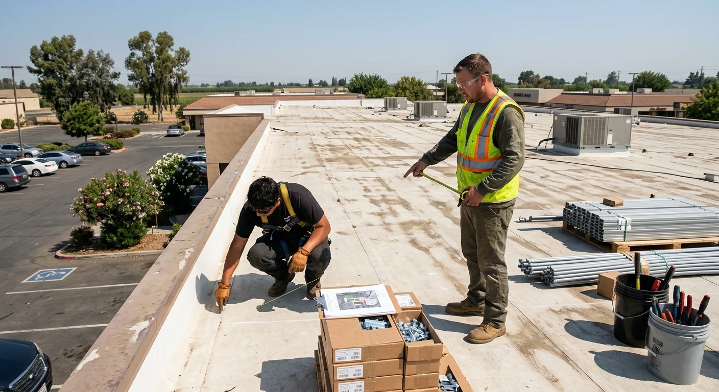 Retail building rooftop before commercial solar panel installation in Modesto