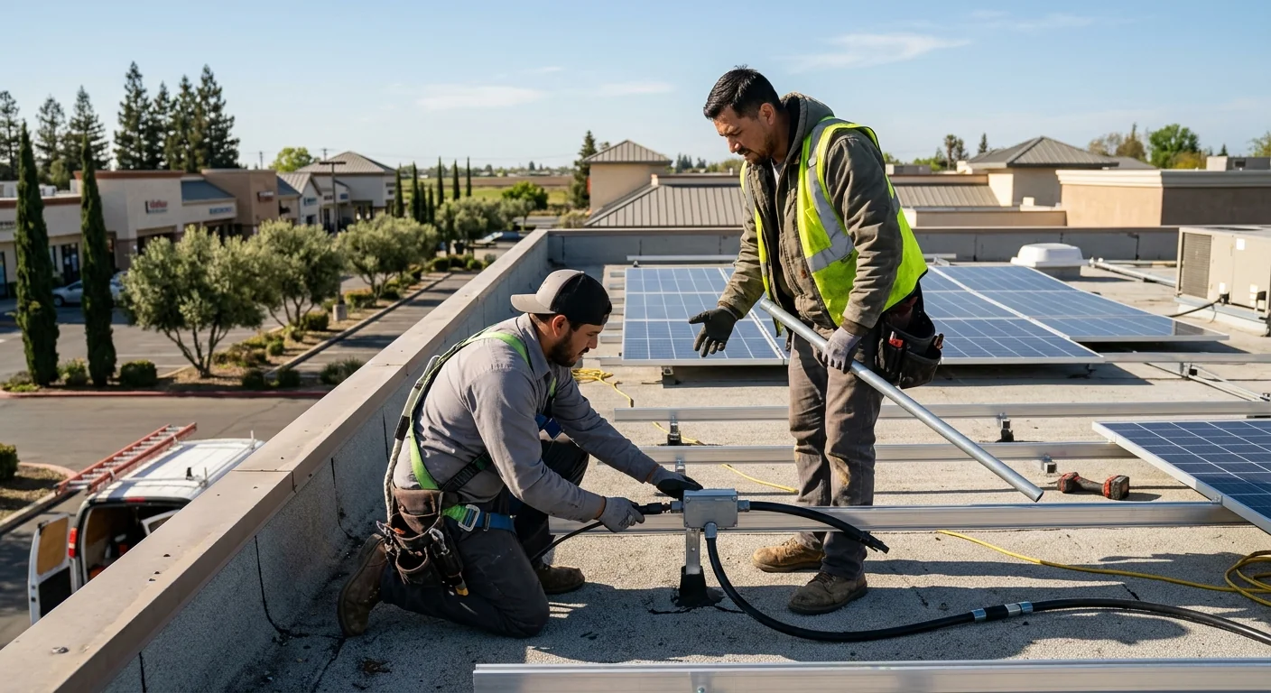 Crew setting solar panels and conduit on an office building roof