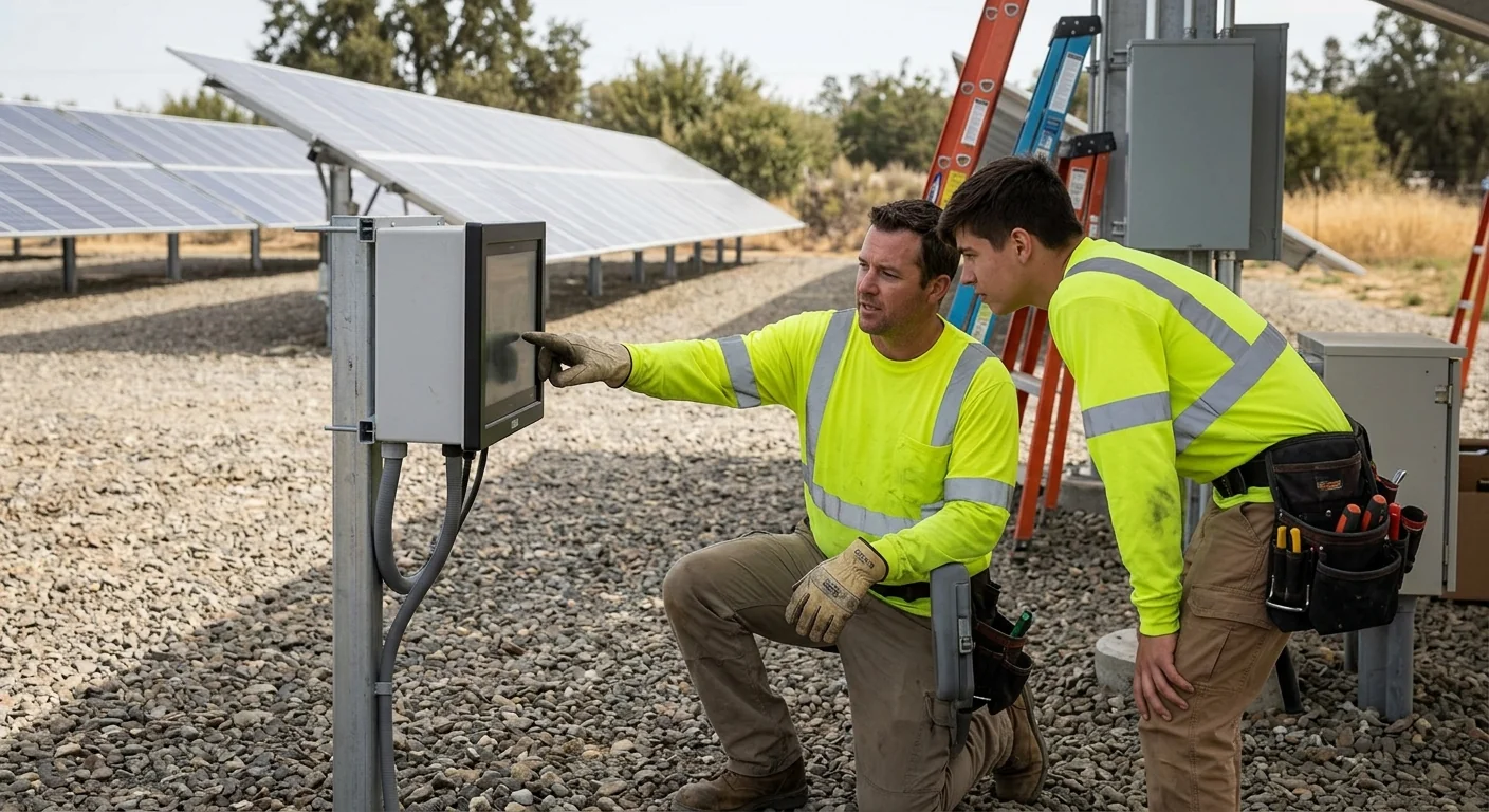Finished commercial solar array with monitoring equipment on a Modesto property