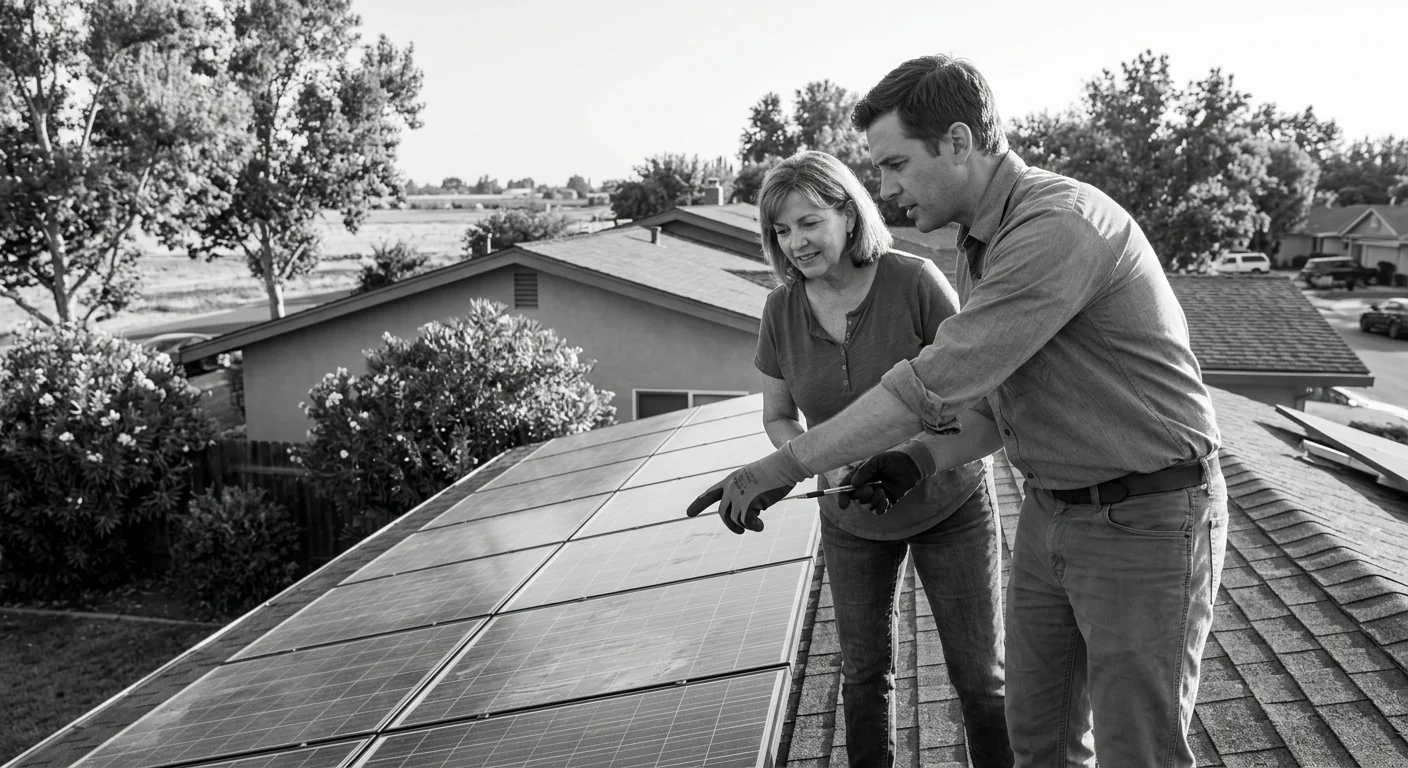 Technician reviewing off grid solar battery bank and inverter pricing plans in Modesto