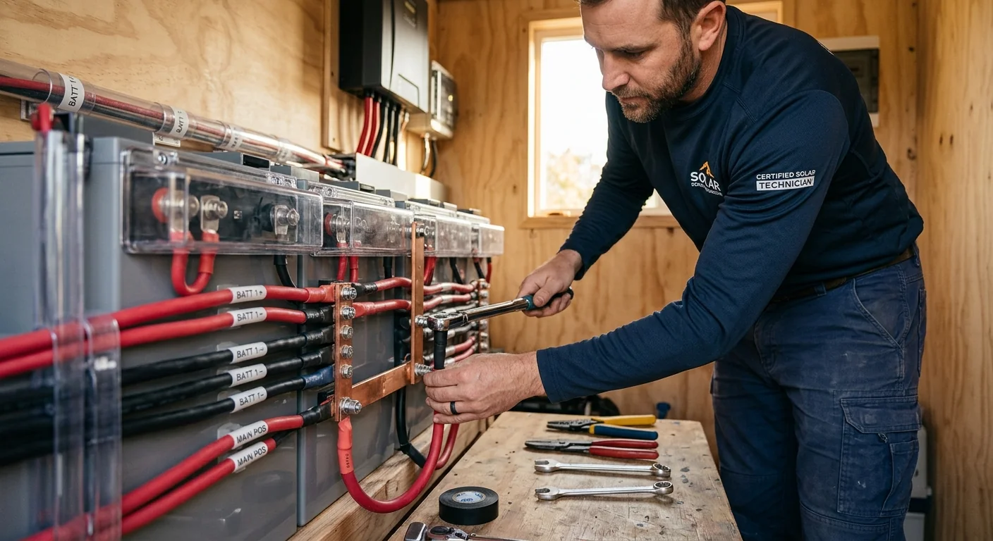 Close-up of off grid battery bank wiring and terminals in a utility room