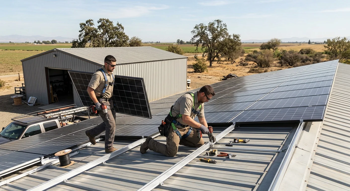 Wide shot of roof-mounted panels on a remote Modesto workshop