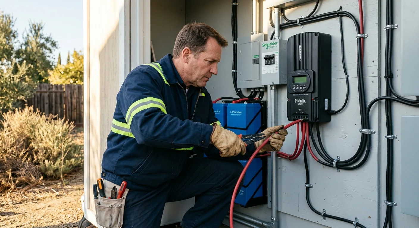 Technician wiring a charge controller during off grid system installation
