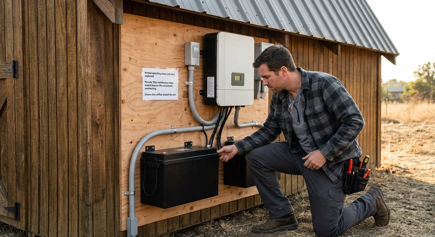 Finished inverter and battery storage setup for off grid cabin power