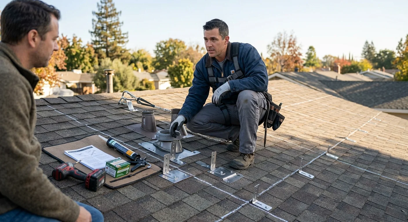 Before context showing bare roof section prepared for solar panel mounting