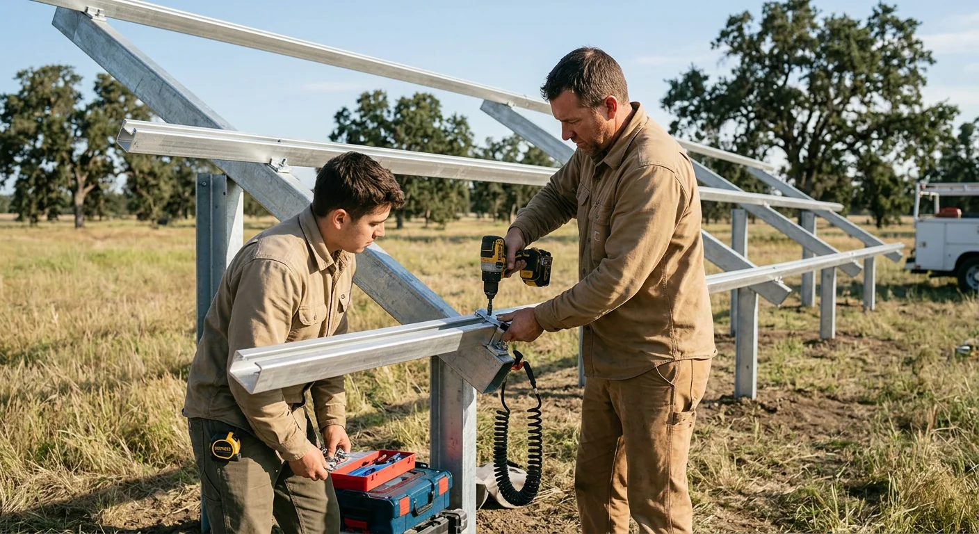 Installers securing solar panel racking on a ground-mount frame in Modesto