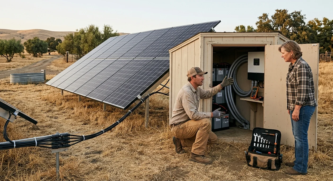 Completed off grid solar system with panels and battery enclosure at rural property