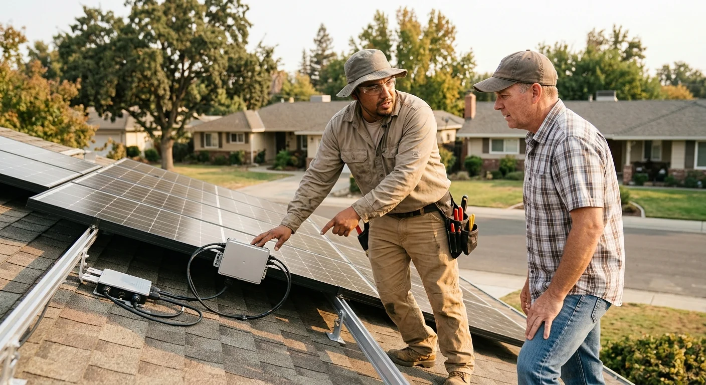 Technician reviewing rooftop solar layout with a homeowner at a Modesto residence