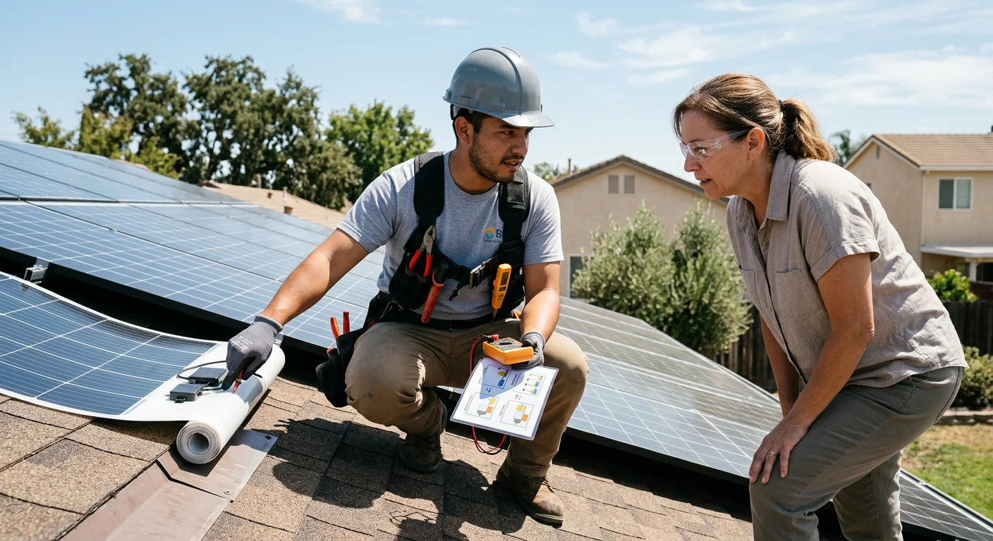 Technicians mounting rooftop solar panels on a Modesto home