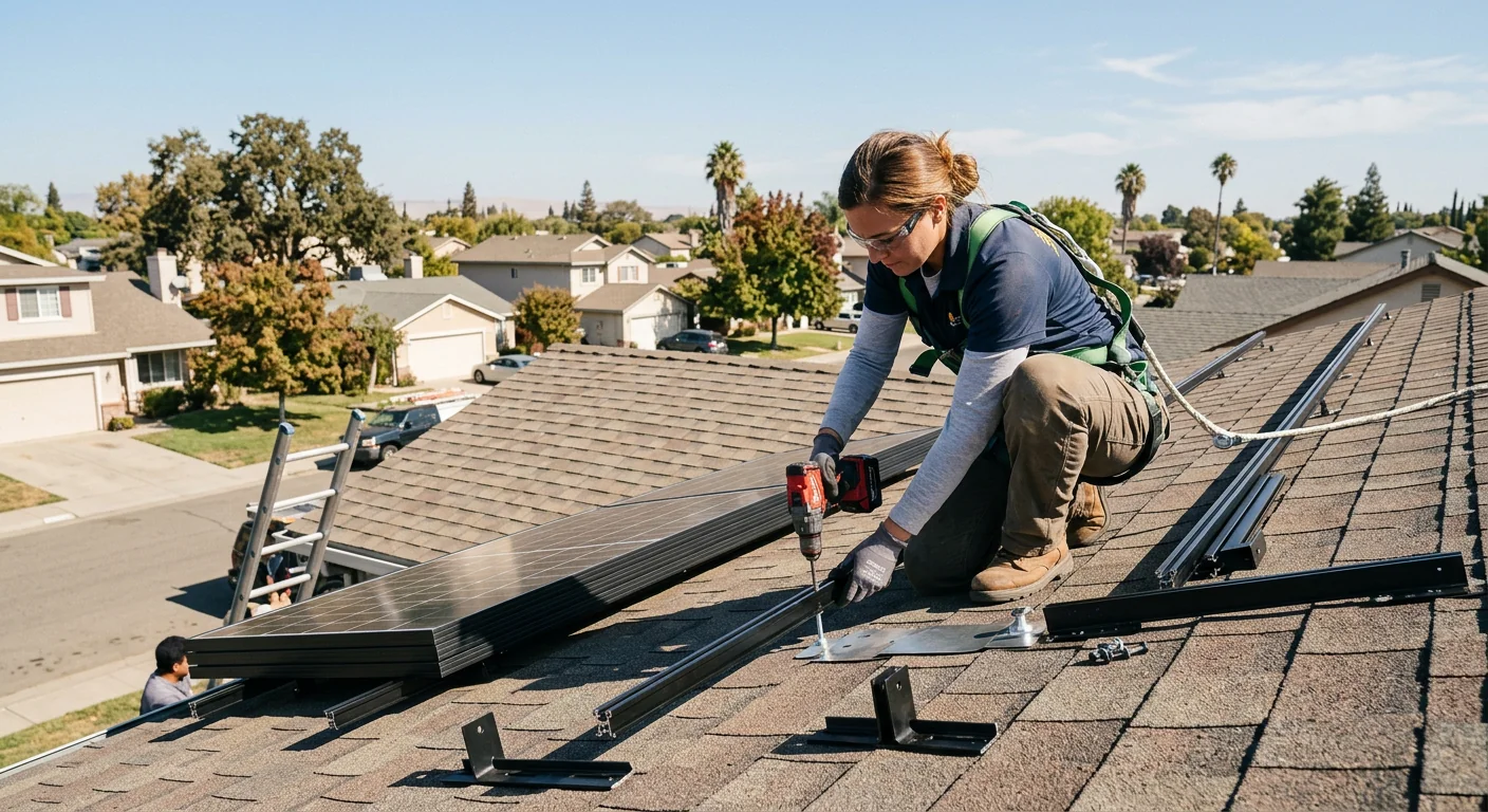 Technician mounting solar panel racking on a Modesto composition shingle roof