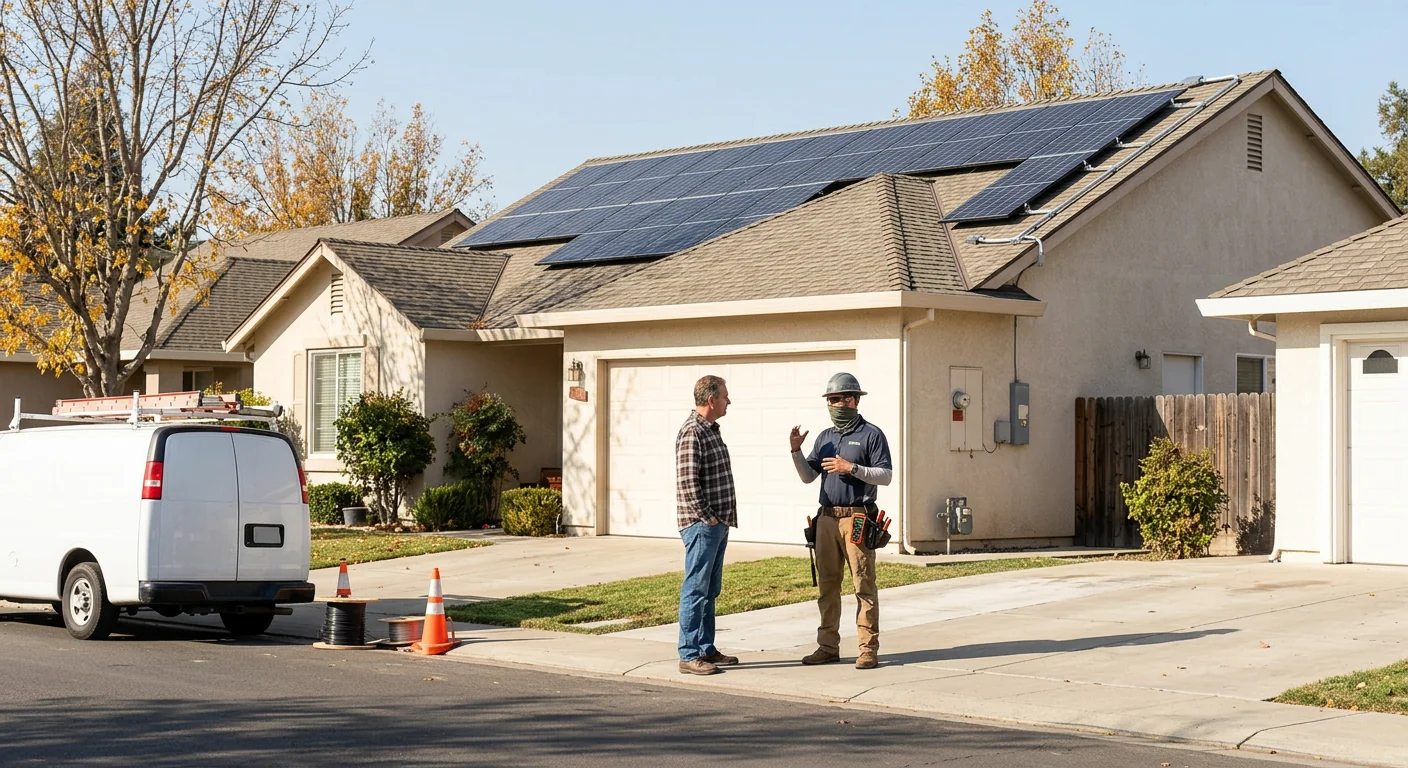 Wide shot of completed rooftop solar array on a single-story Modesto home