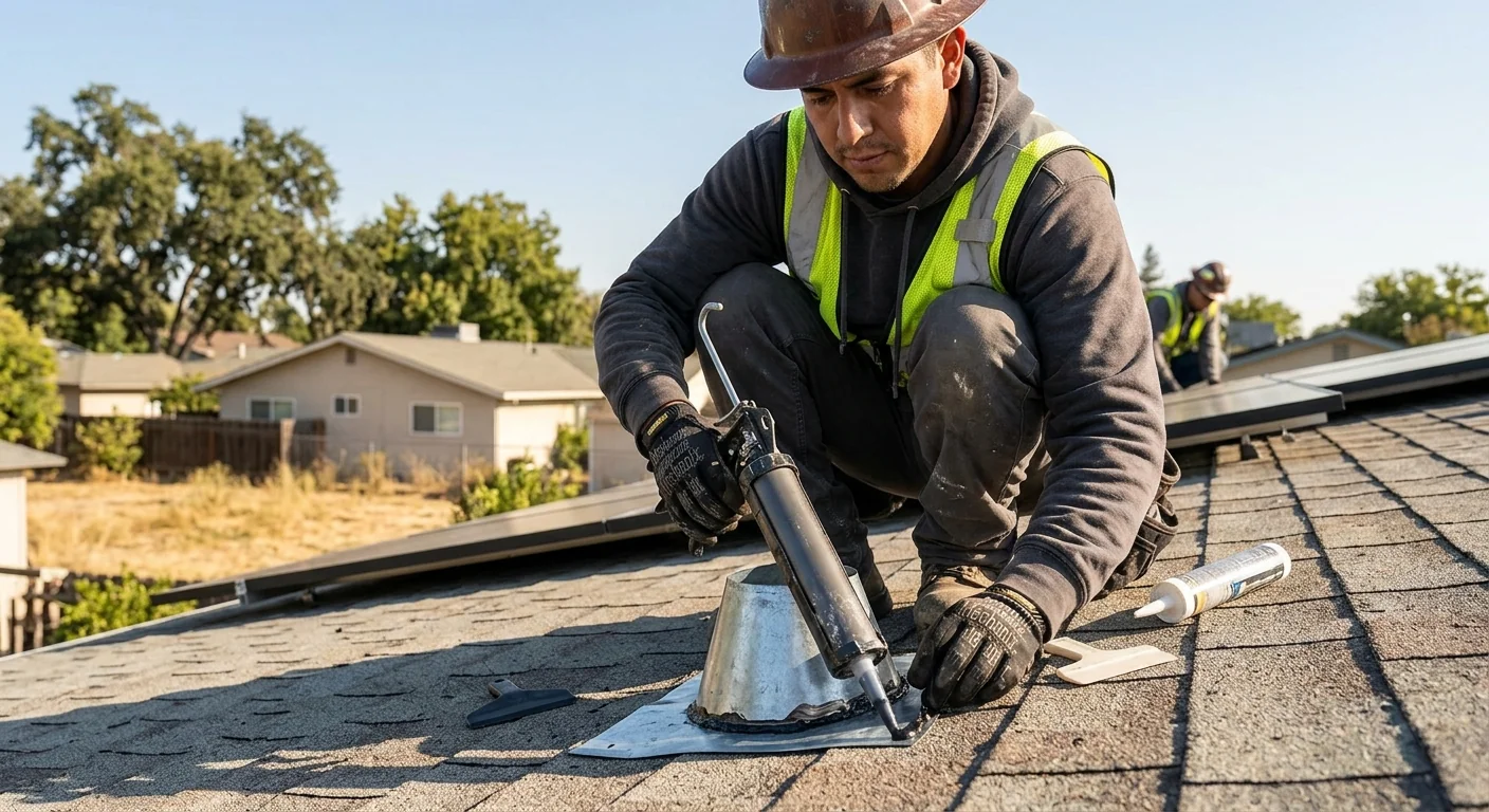 Close-up of flashing and roof penetration sealing during solar installation