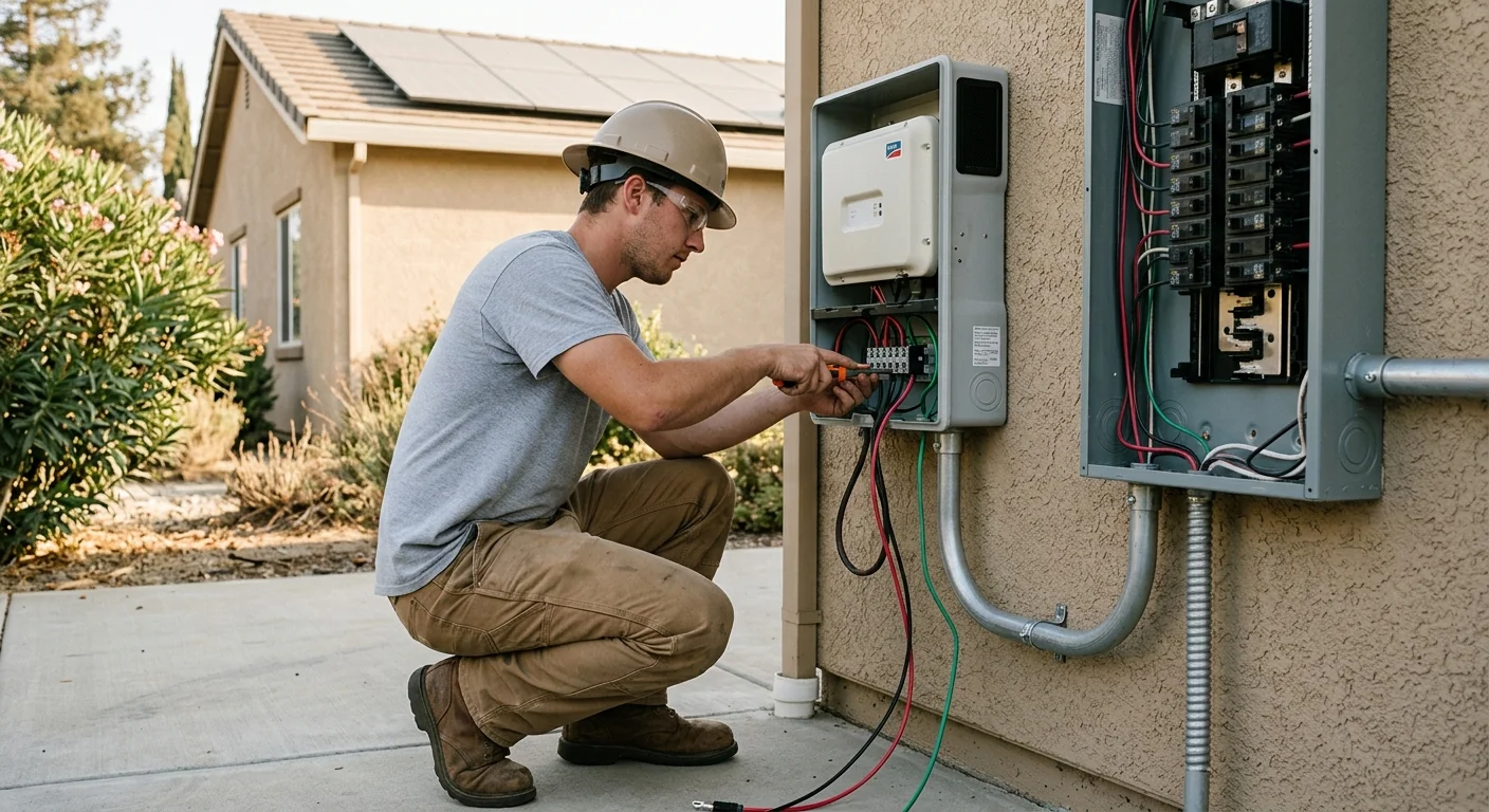 Installer wiring a string inverter next to a residential service panel