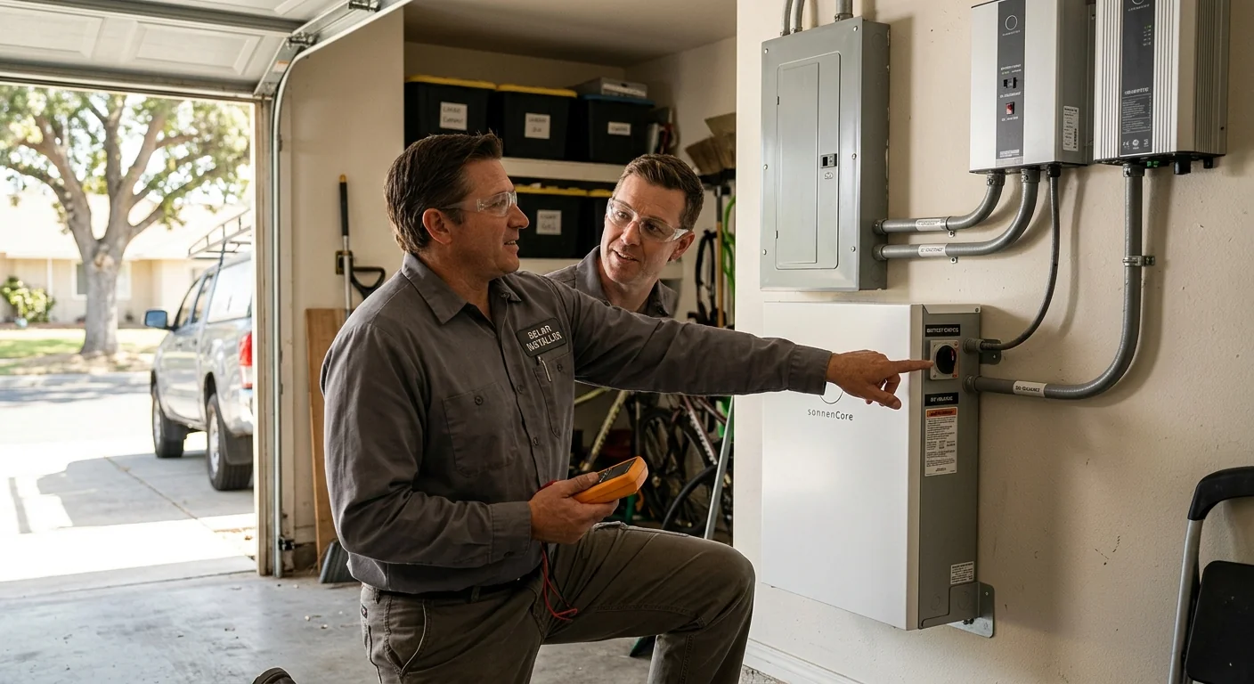 Battery storage unit mounted in a garage for a Modesto solar system