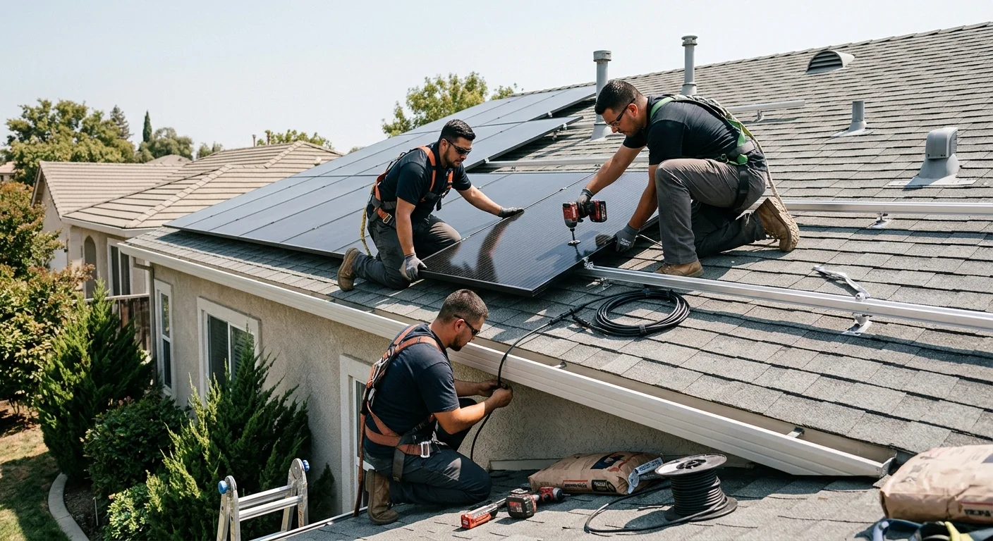 Crew setting panels and connecting cabling on a two-story house roof