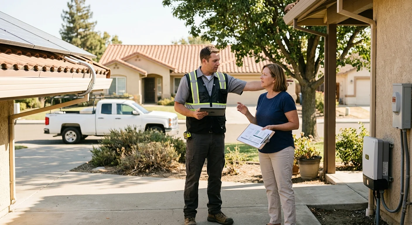 Technician reviewing home electrical panel and battery specs during a Modesto cost assessment