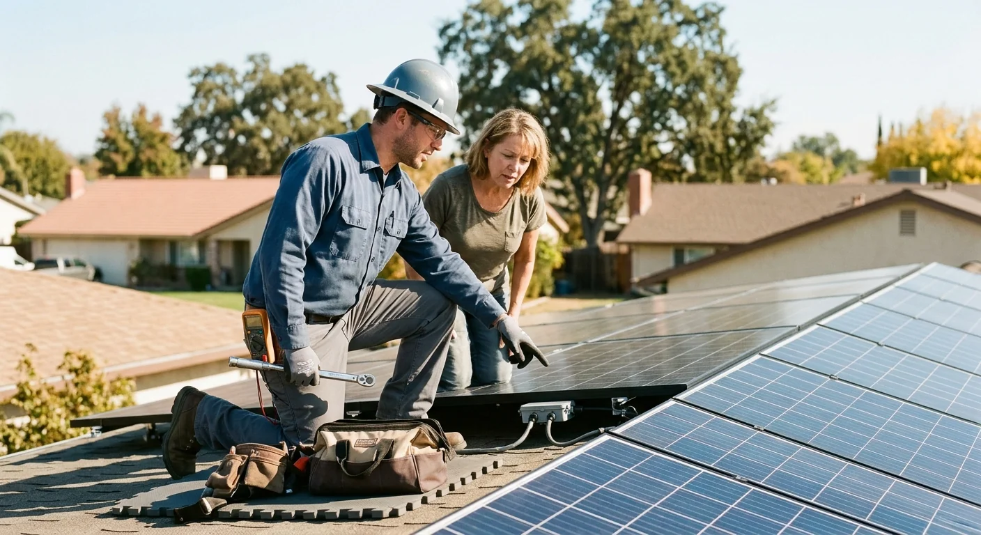 Technician installing solar battery storage unit at a Modesto home garage wall