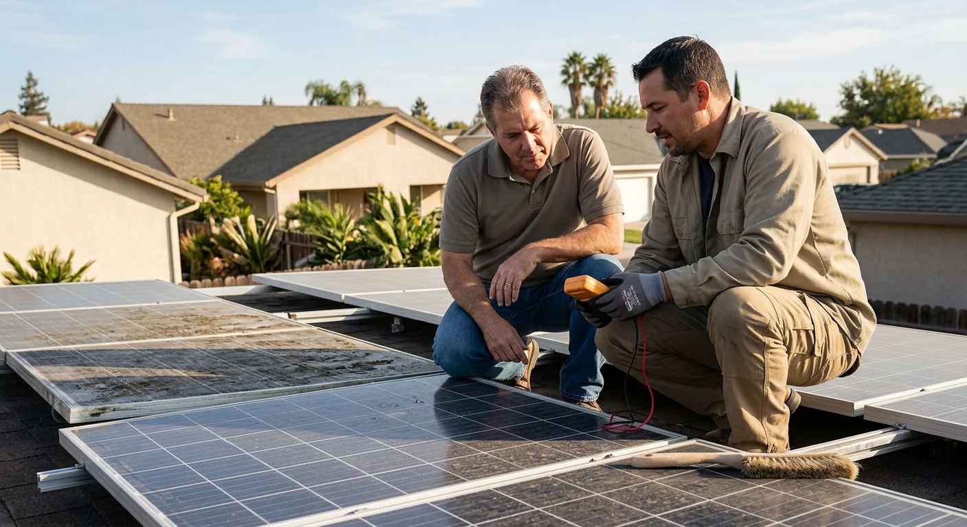 Homeowner reviewing evening energy usage on a battery monitoring app in Modesto