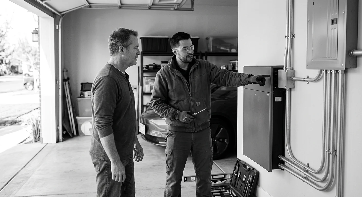 Wall-mounted home battery unit installed in a Modesto garage with clean conduit runs