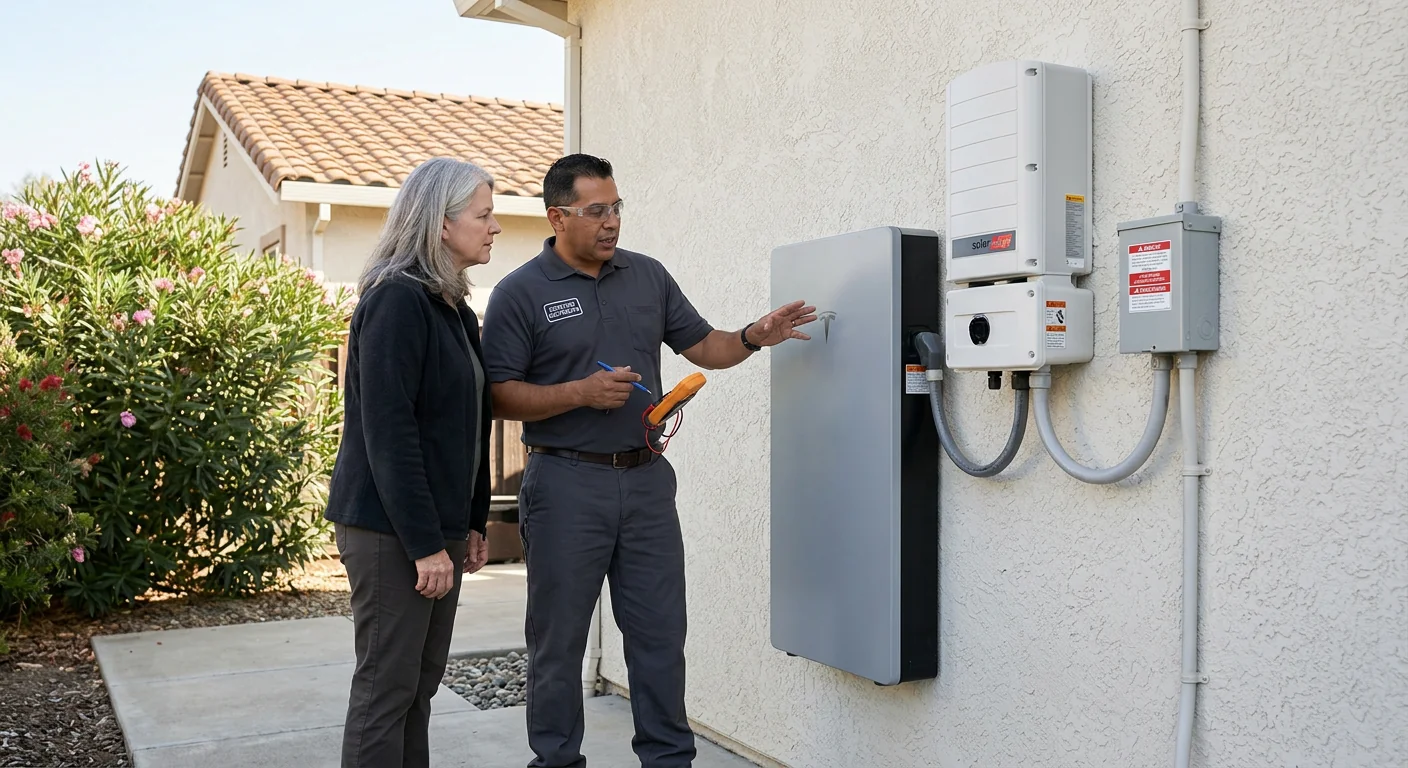 Wide shot of exterior battery and inverter setup on a Modesto home wall