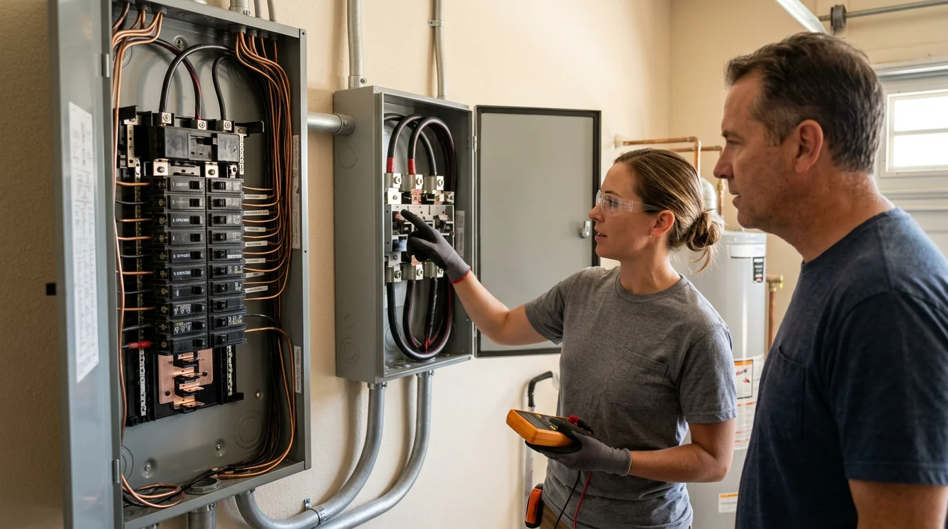 Close-up of backup gateway wiring next to a residential electrical panel
