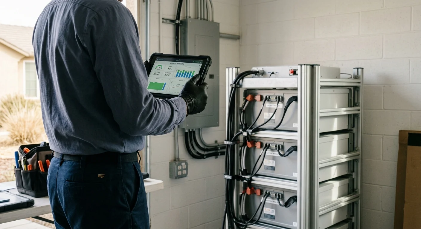 Technician commissioning a solar battery system using a monitoring app on site