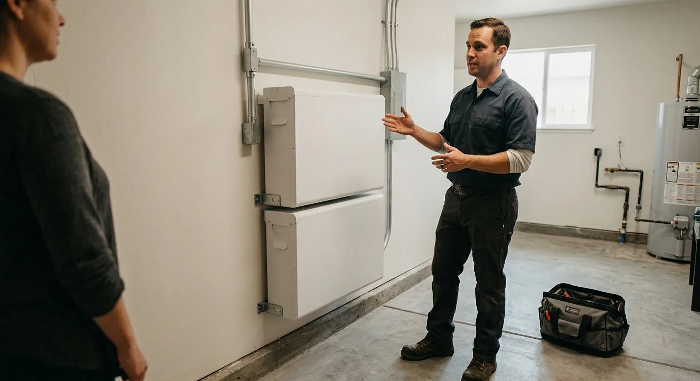 Multi-module battery bank installed along an interior utility room wall