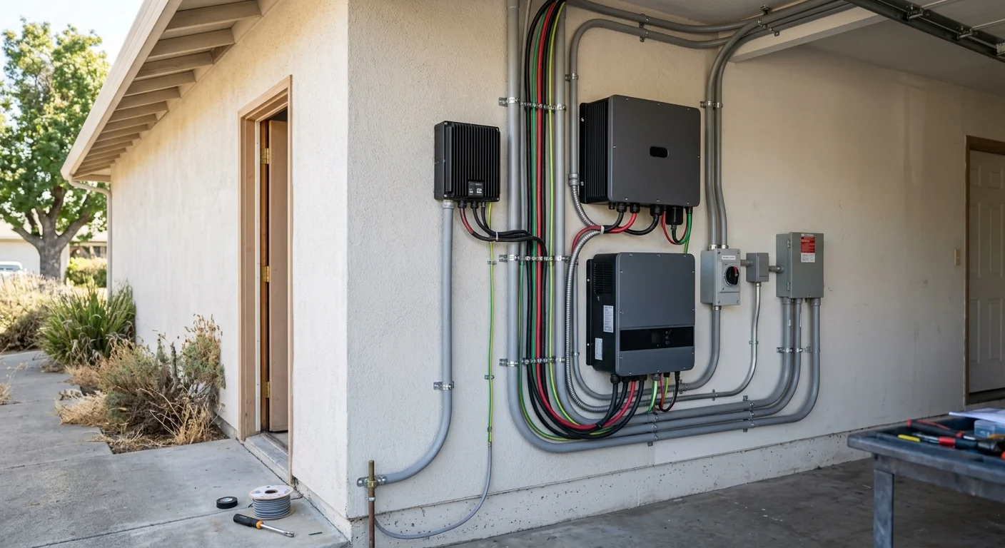 Finished DC-coupled battery and hybrid inverter setup at a Modesto residence