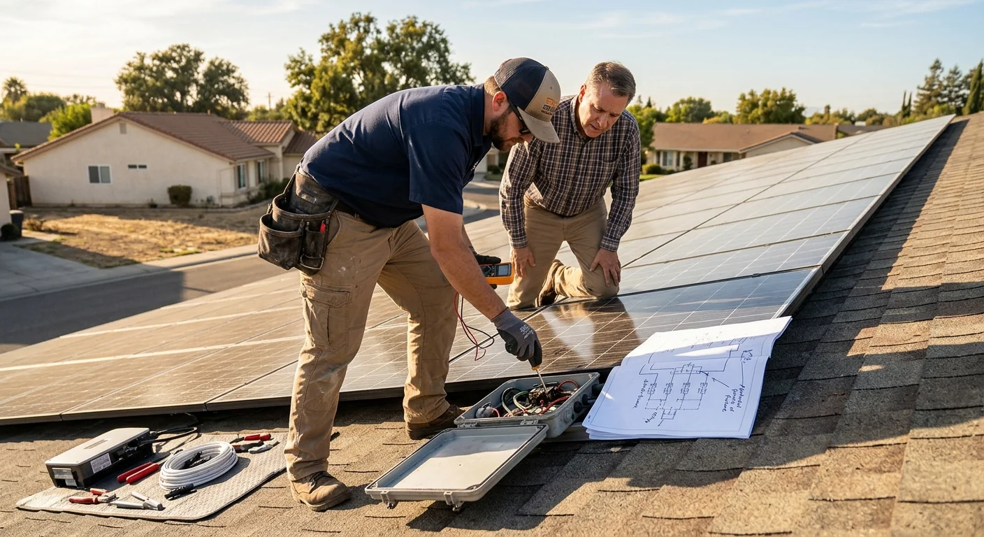 Technician reviewing inverter replacement cost estimate at a Modesto home electrical panel