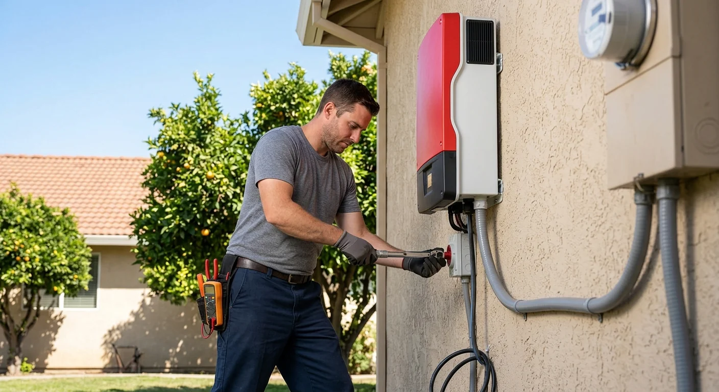 Close-up of a newly mounted string inverter on a Modesto home exterior wall