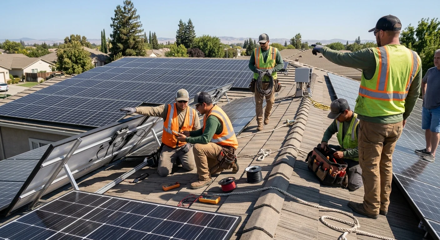Wide shot of rooftop solar array after microinverter replacement in Modesto
