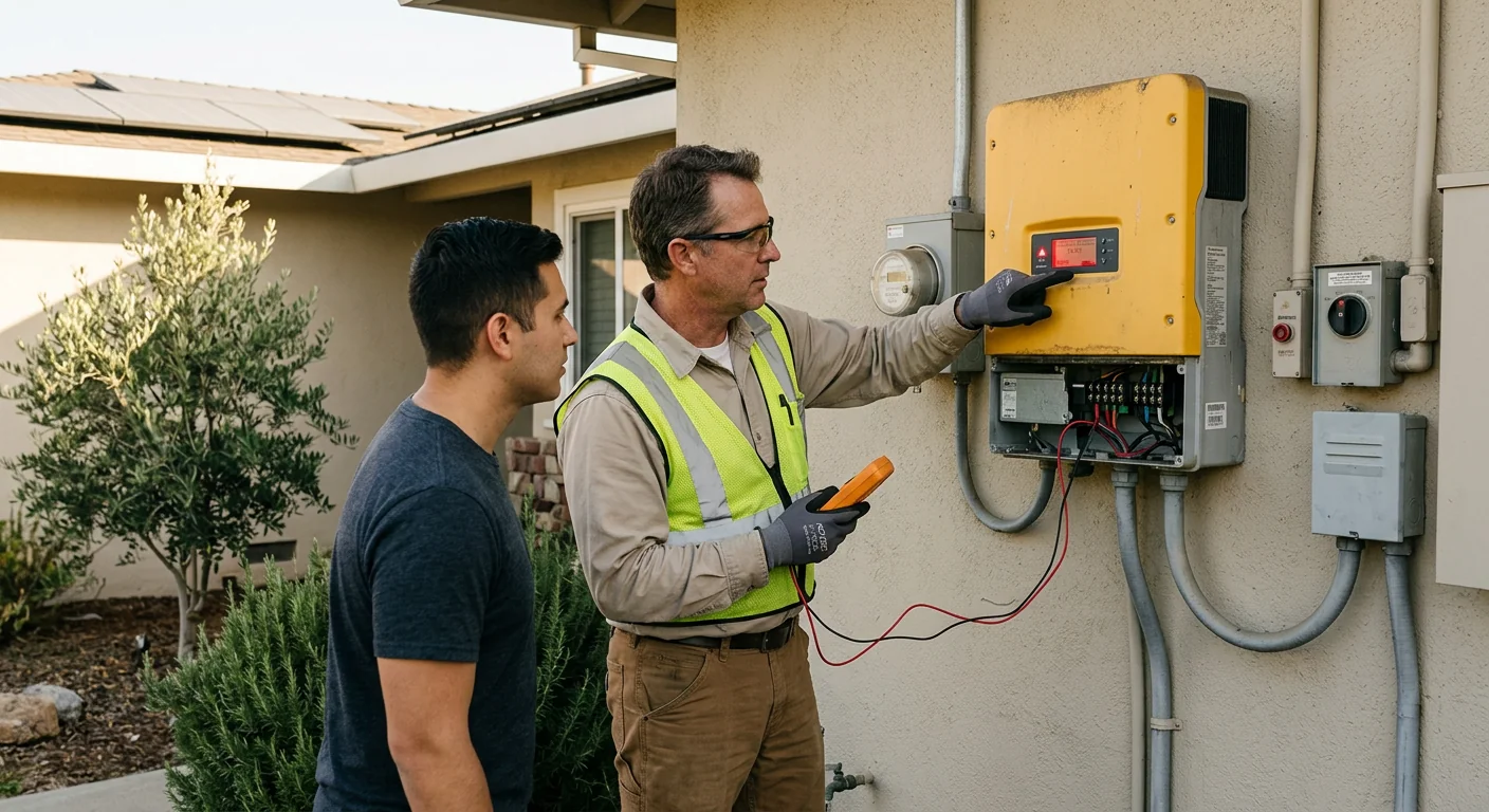 Failed older inverter showing fault display before replacement at a Central Valley home