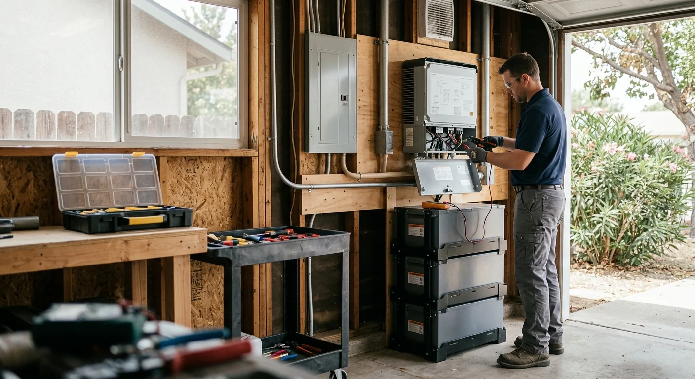 Hybrid battery-ready inverter installed in a shaded ventilated garage in Modesto