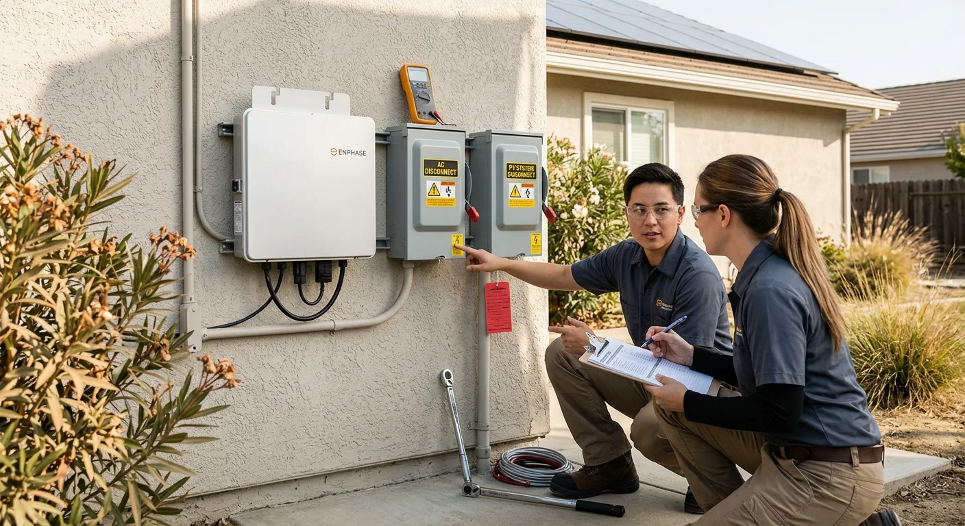 Finished inverter installation with labeled disconnects on a Modesto property
