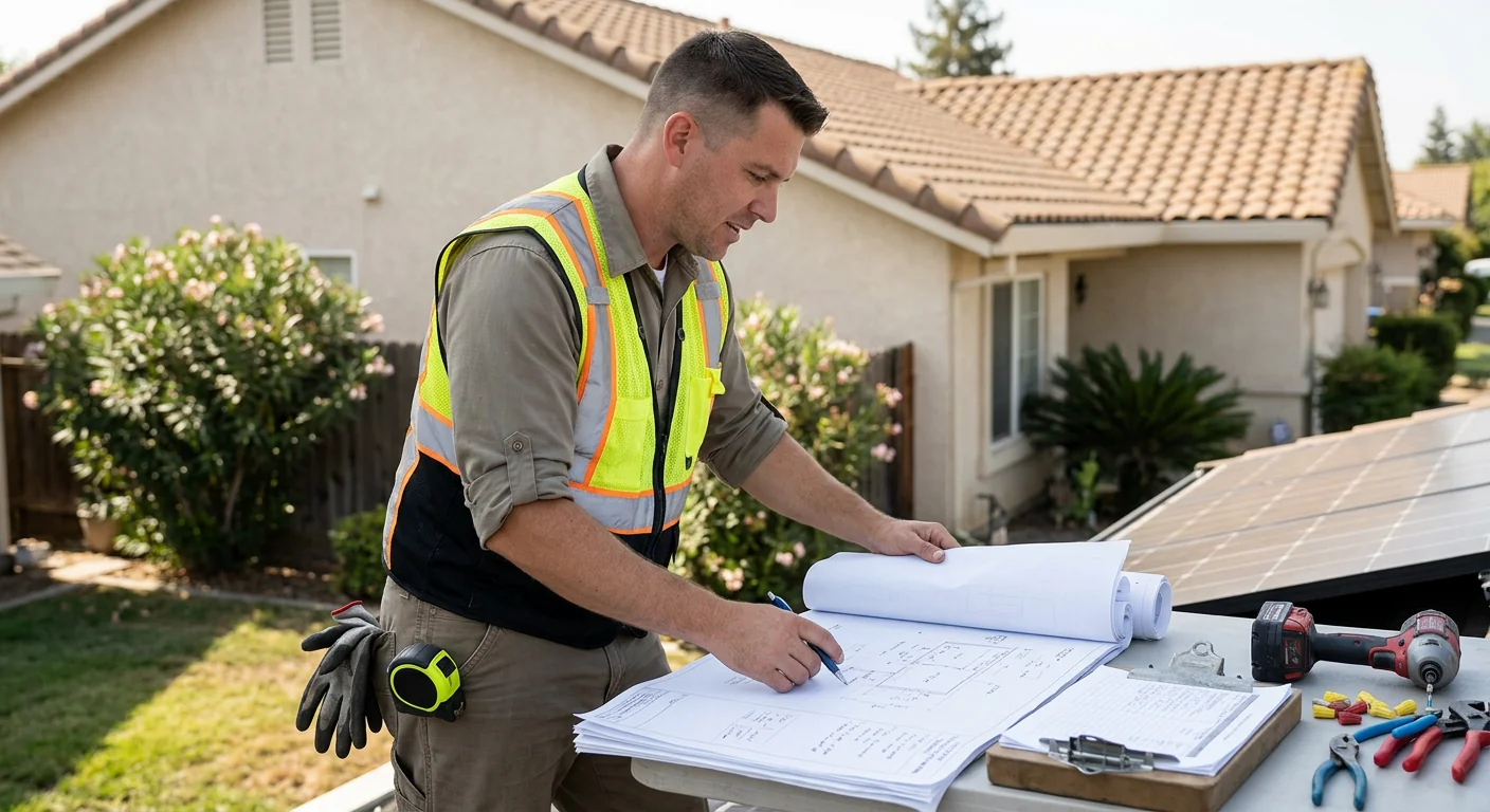 Solar technician reviewing panel layout plans at a Modesto property