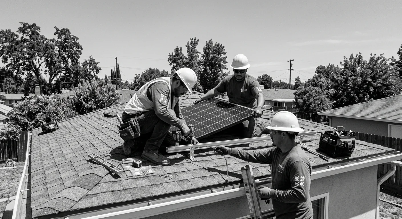 Crew mounting racking and panels on a Central Valley rooftop