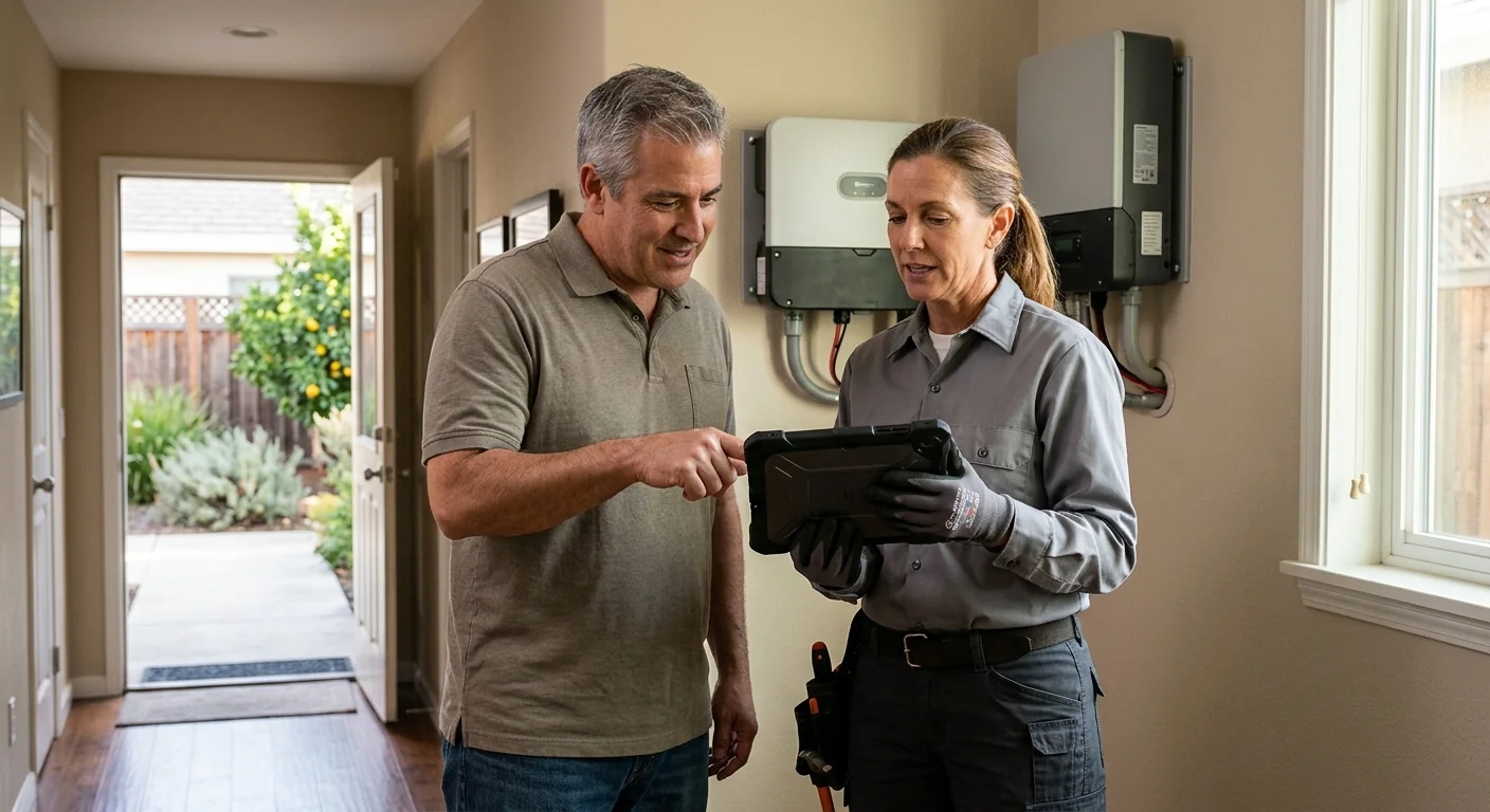 Homeowner reviewing solar production data with a Modesto installer
