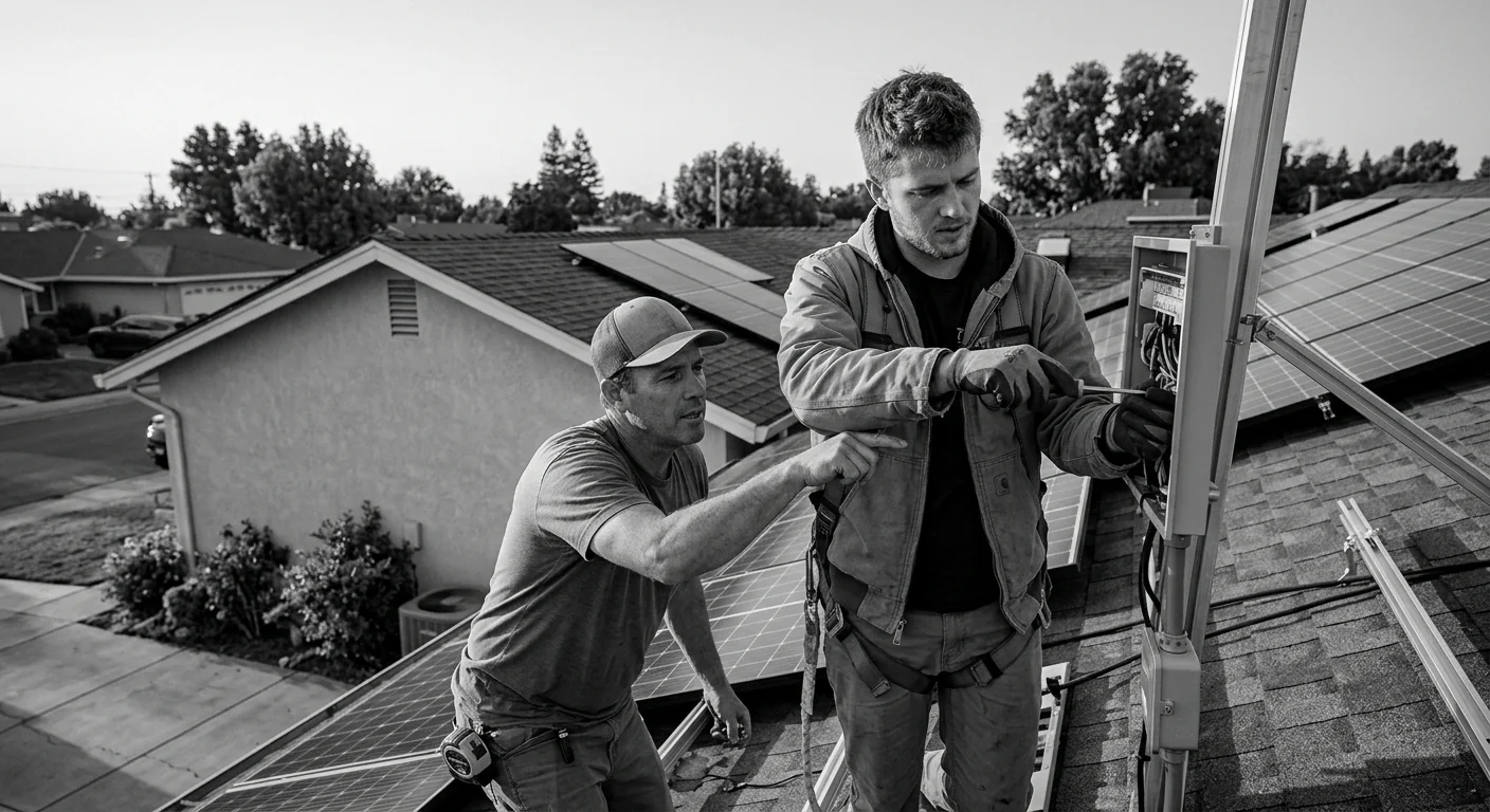 Installer reviewing solar system layout with a Modesto homeowner at the electrical panel