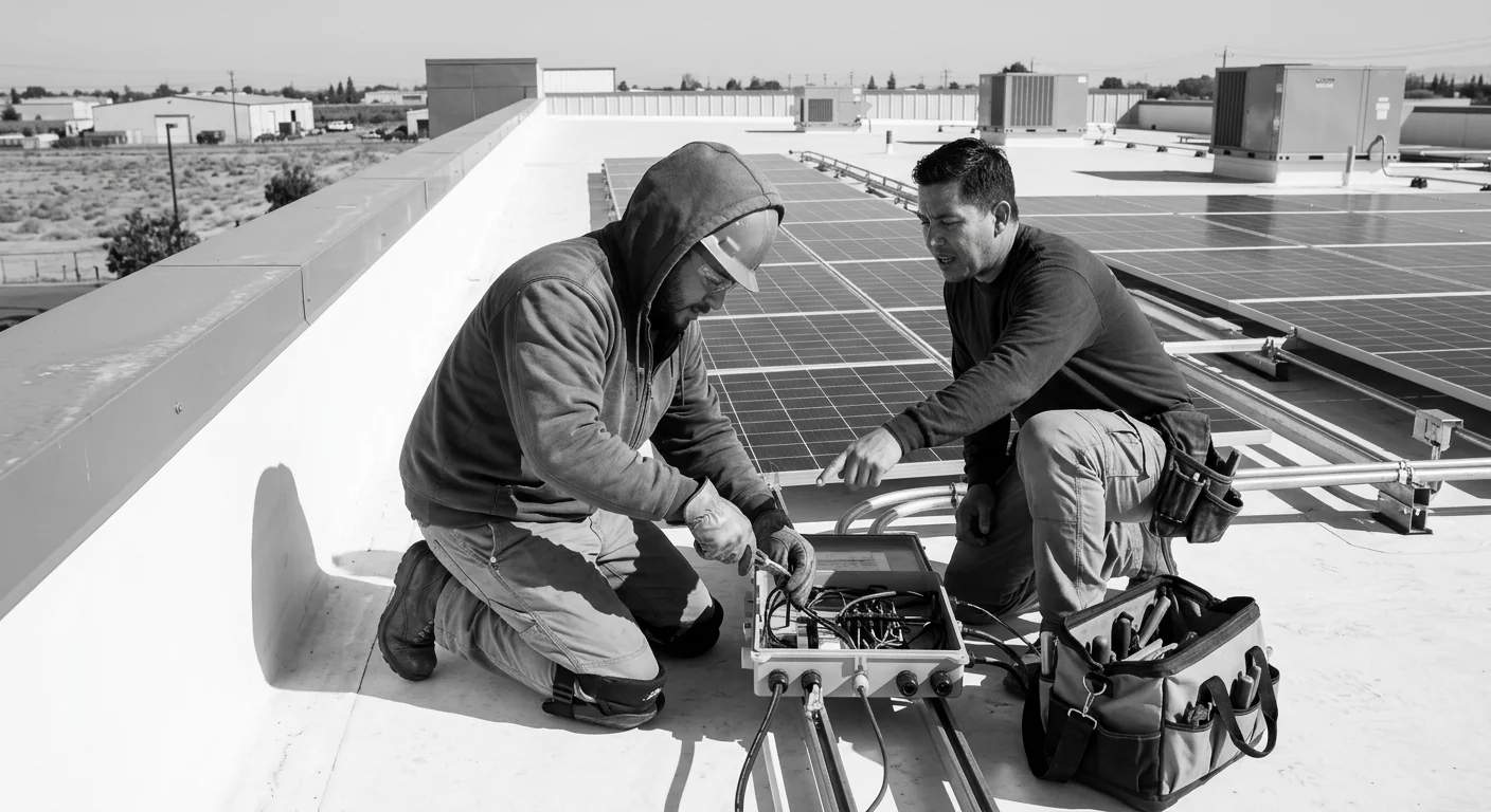 Solar technician inspecting panel wiring and inverter during maintenance visit