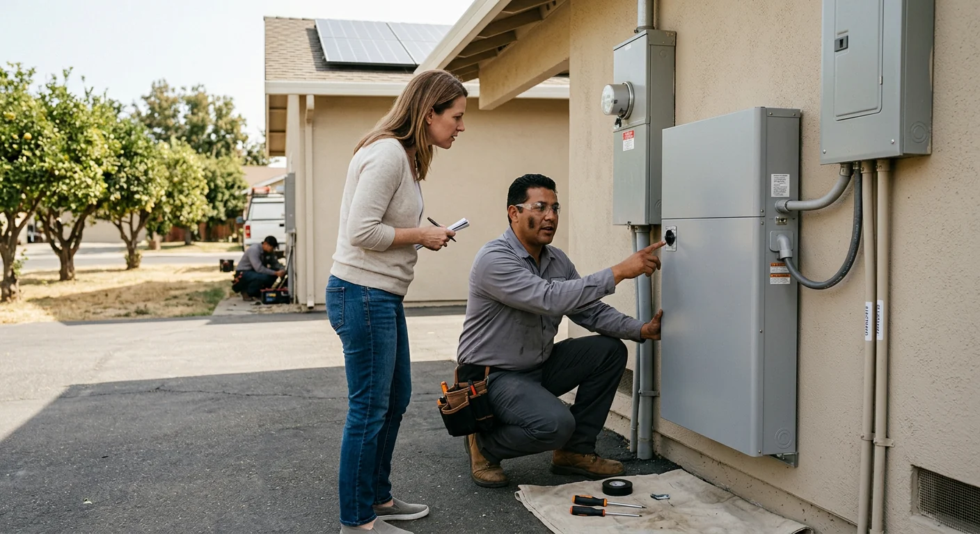 Specialist testing solar array output on a Modesto residential rooftop