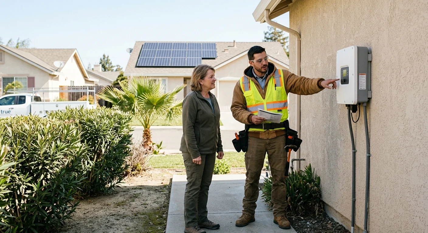 Solar installer reviewing rooftop panel layout with a Modesto homeowner during a walkthrough