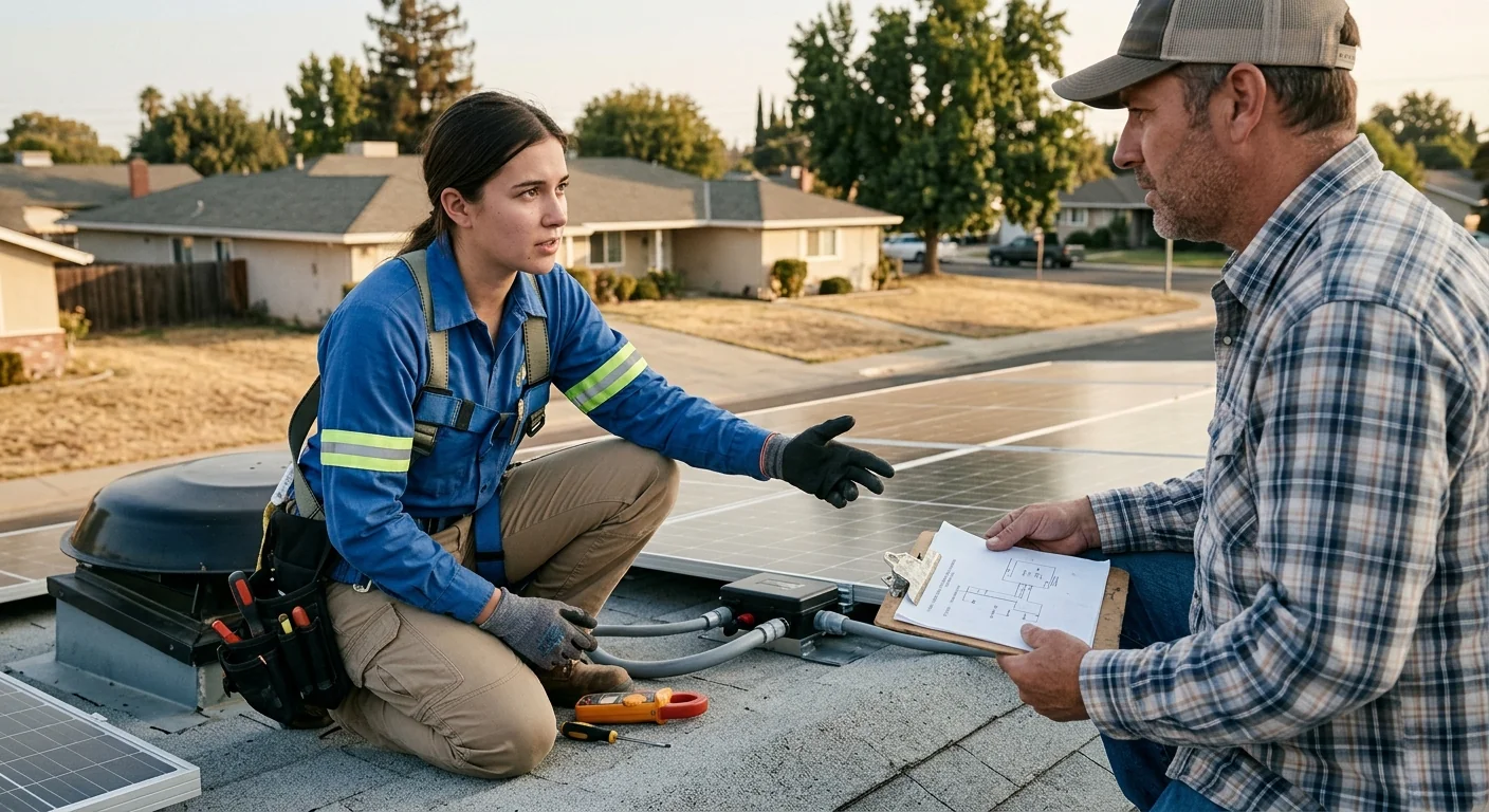 Solar technician reviewing rooftop panel layout with Modesto homeowner during estimate visit