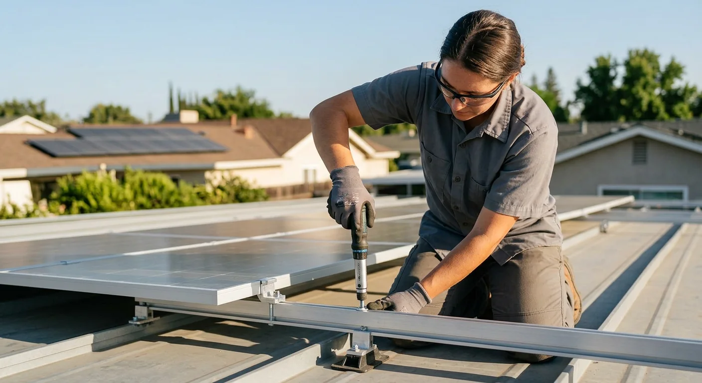 Calibrated torque driver tightening solar racking hardware on a Modesto rooftop