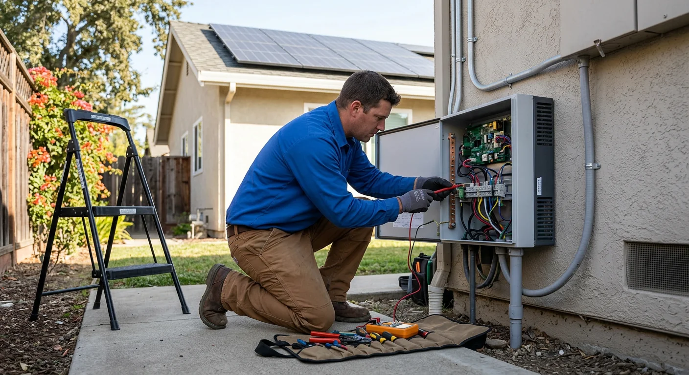 Technician checking inverter wiring and grounding on a residential solar array