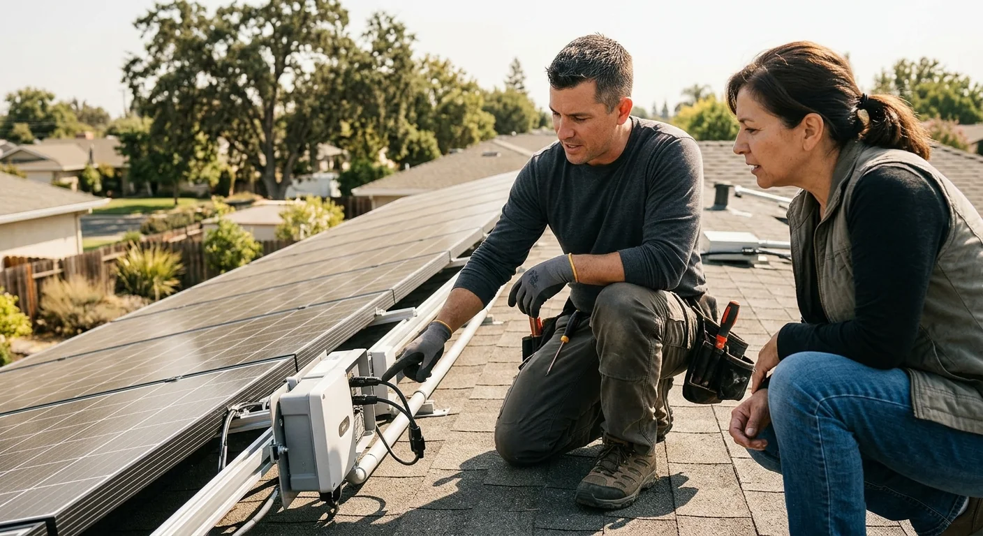 Solar technician reviewing panel layout plans with a Modesto homeowner at kitchen table